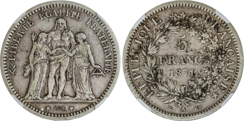 5 Francs. 1871-A. III REPUBLIQUE. PARÍS. AR. Encapsulada por NGC como VF35 (nº 4...