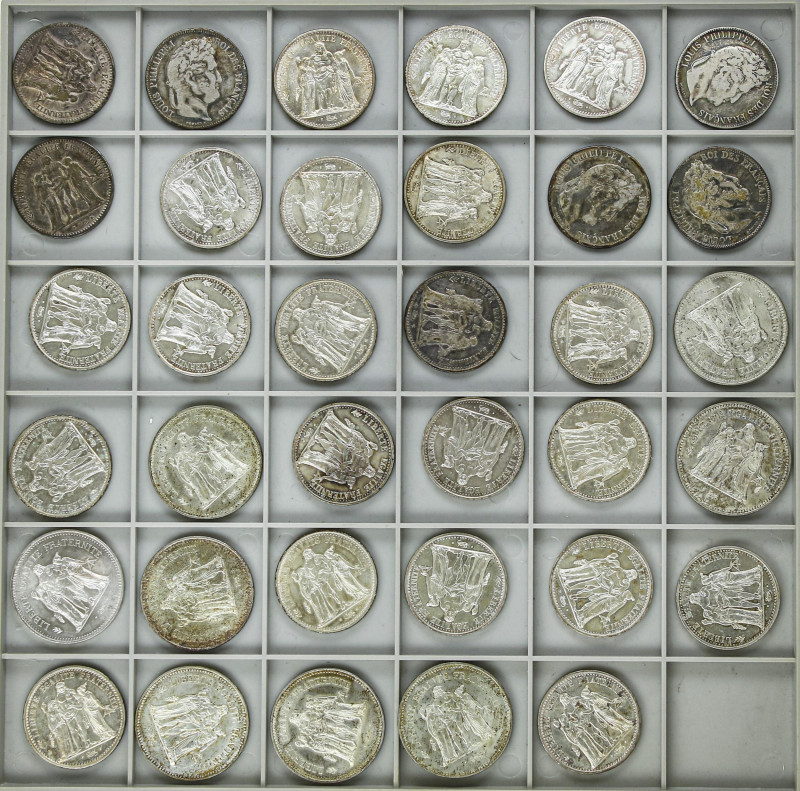 Lote 35 monedas 5 (7), 10 (20) y 50 Francs (8). 1834 a 1977. AR. Casi todas grup...