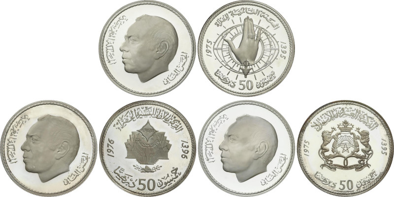 Lote 3 monedas 50 Dirham. 1975 y 1976. HASSAN II. AR. 20 Aniversario independenc...