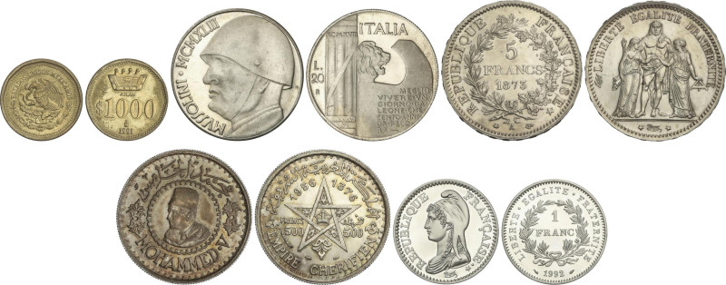 Lote 5 monedas. 1873 a. AR (4), Latón. Francia: 1 Franco 1992 y 5 Francos 1873, ...