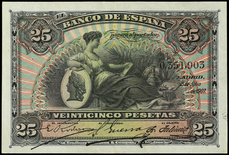 Lote 2 billetes 25 Pesetas. 15 Julio 1907. Patio de los Leones. Los dos con Sell...