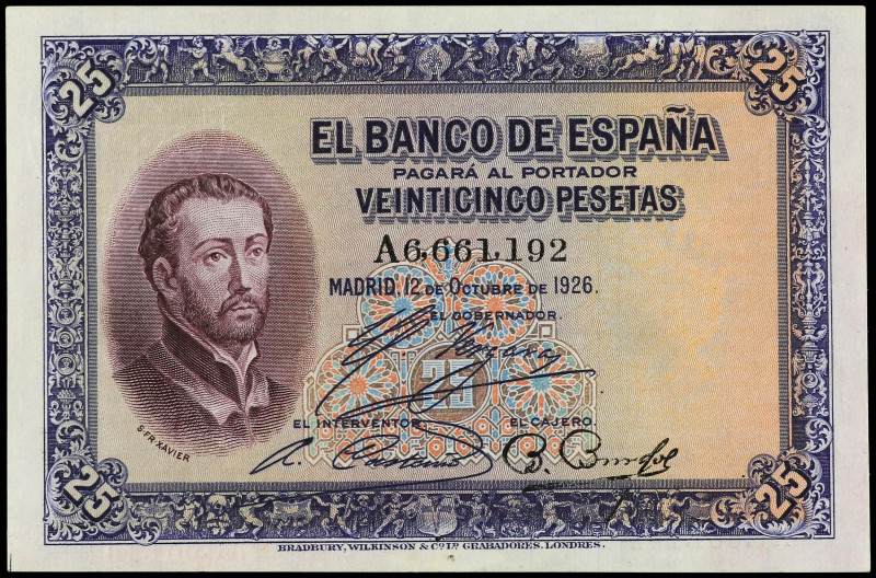 Lote 2 billetes 25 Pesetas. 12 Octubre 1926. San Francisco Xavier. Serie A. Pare...