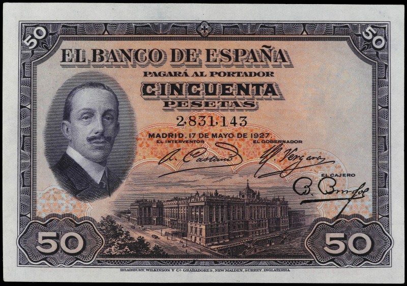50 Pesetas. 17 Mayo 1927. Alfonso XIII. Sello en seco GOBIERNO PROVISIONAL DE LA...