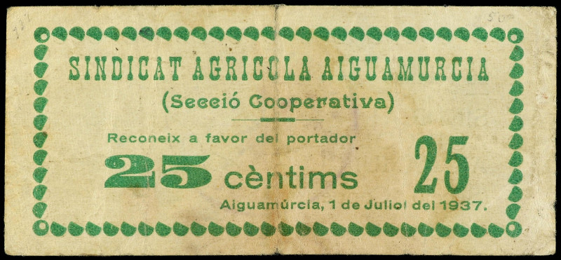 25 Cèntims. 1 Juliol 1937. SINDICAT AGRÍCOLA AIGUAMURCIA. (Reparación con adhesi...