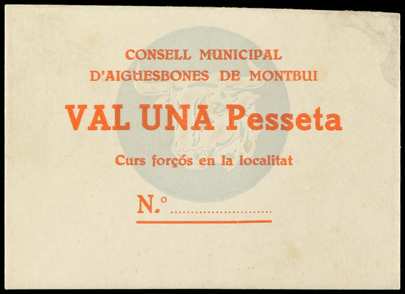 1 Pesseta. C.M. d´AIGÜESBONES DE MONTBUI. Cartón. Sin numerar. (Manchita). MUY E...