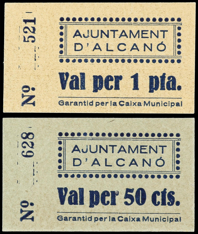 Lote 2 billetes 50 Cèntims y 1 Pesseta. Aj. d´ALCANÓ. Cartón. Al dorso tampón y ...