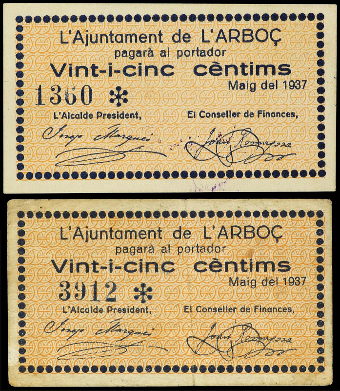 Lote 3 billetes 25 Cèntims (2) y 1 Pesseta. Maig 1937. Aj. de L´ ARBOÇ. AT-169/1...