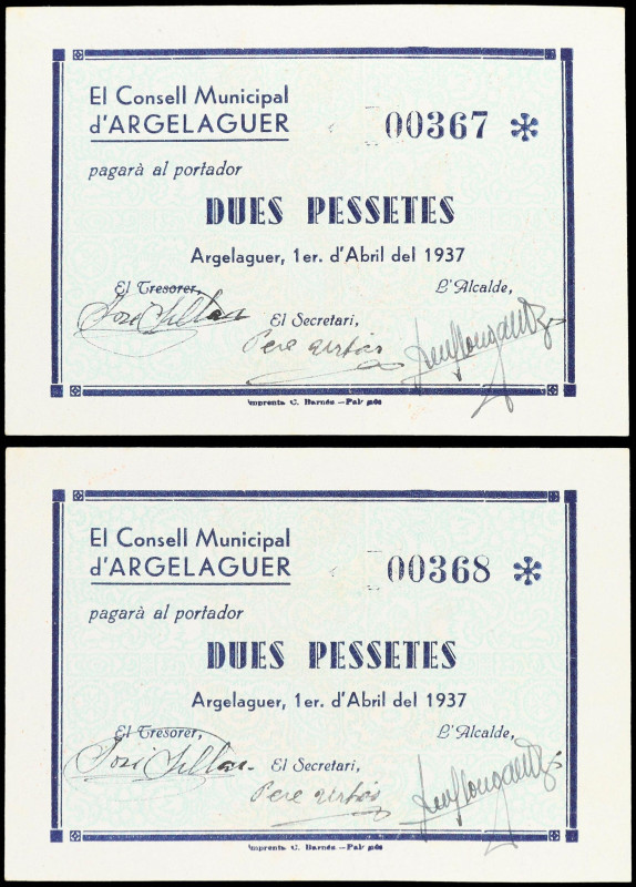 Lote 2 billetes 2 Pessetes. 1 Abril 1937. C.M. d´ARGELAGUER. Pareja correlativa....