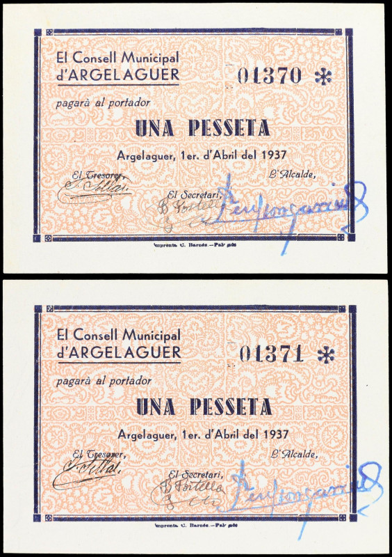 Lote 2 billetes 1 Pesseta. 1 Abril 1937. C.M. d´ARGELAGUER. Pareja correlativa s...