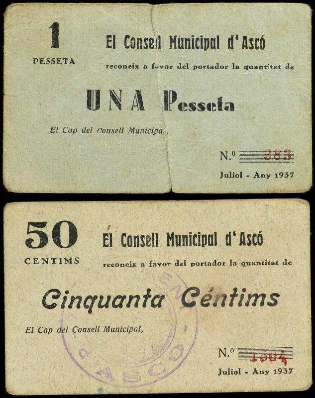 Lote 2 billetes 50 Cèntims y 1 Pesseta. Juliol 1937. C.M. d´ ASCÓ. Cartulina. (E...