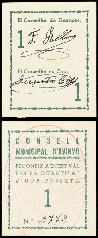 1 Pesseta. C.M. d´AVINYÓ. Firmas al dorso F. Ballero y A. Coll manuscritas. MUY ...