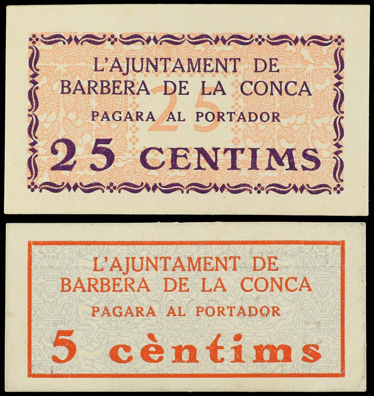 Lote 2 billetes 5 y 25 Cèntims. Aj. de BARBERÀ DE LA CONCA. Serie completa, após...