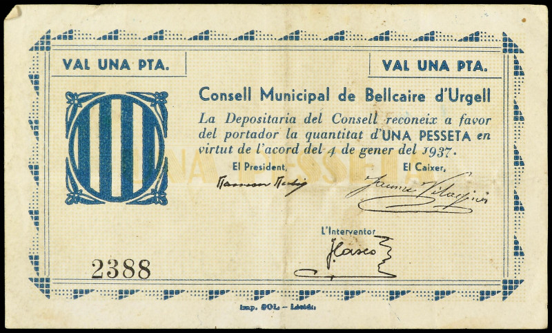 1 Pesseta. 4 Gener 1937. C.M. de BELLCAIRE D´ URGELL. Sello tampon negro en reve...