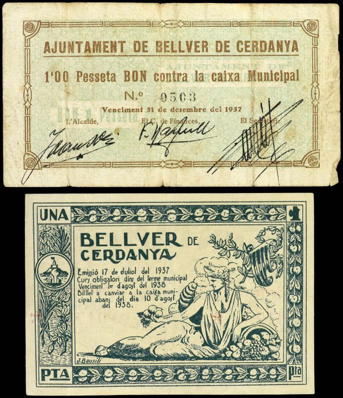 Lote 2 billetes 1 Pesseta. 1 Maig 1937 y 17 Juliol 1937. Aj. de BELLVER DE CERDA...