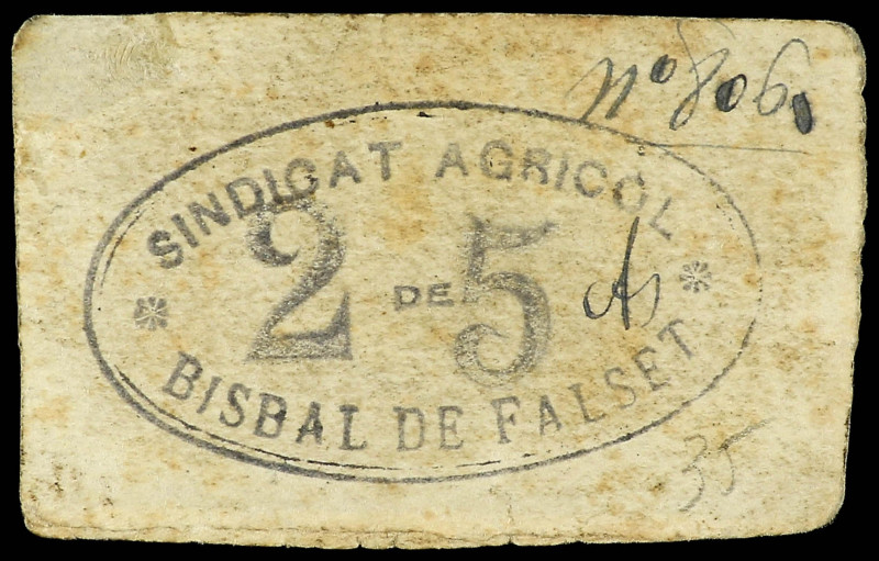25 Cèntims. SINDICAT AGRÍCOL de BISBAL DE FALSET. RARO. T-527a; RGH-7084. MBC.