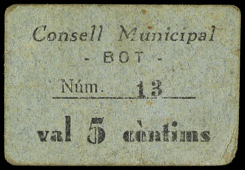 5 Cèntims. C.M. de BOT. Cartón. 3ª emisión. MUY RARO. AT-515; RGH-7181. MBC+....