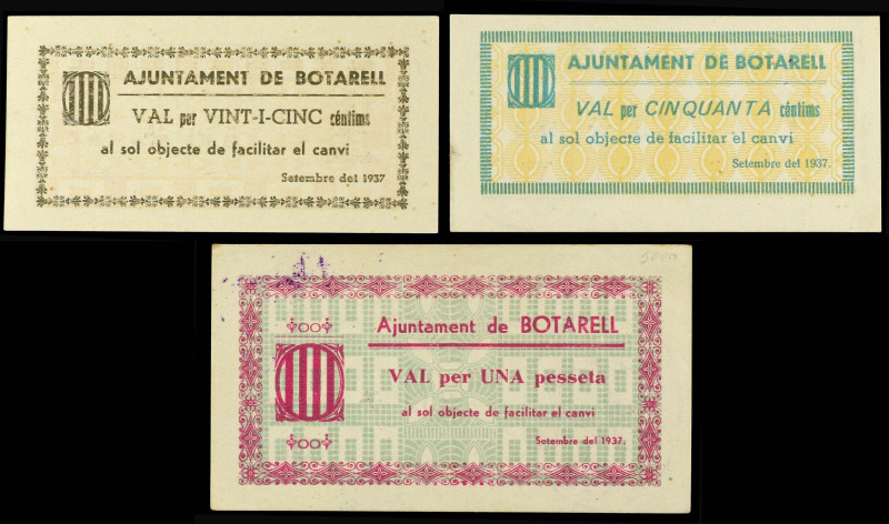 Lote 3 billetes 25, 50 Cèntim s y 1 Pesseta. Setembre 1937. Aj. de BOTARELL. AT-...