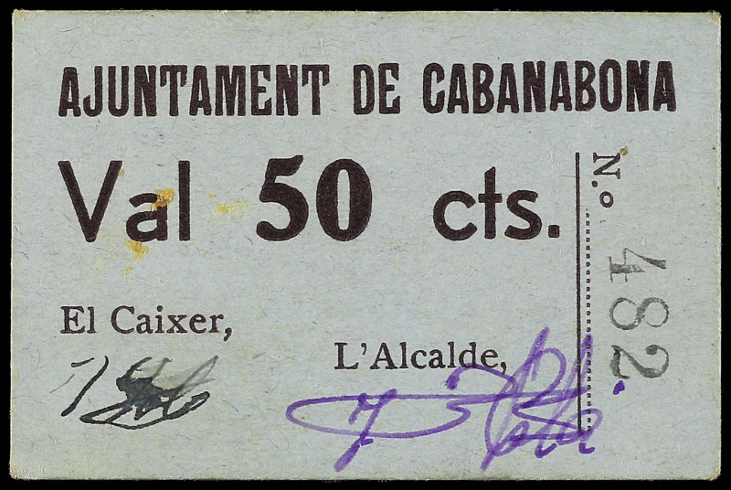 50 Cèntims. Aj. de CABANABONA. Cartón. Una firma en negro y la otra en violeta. ...