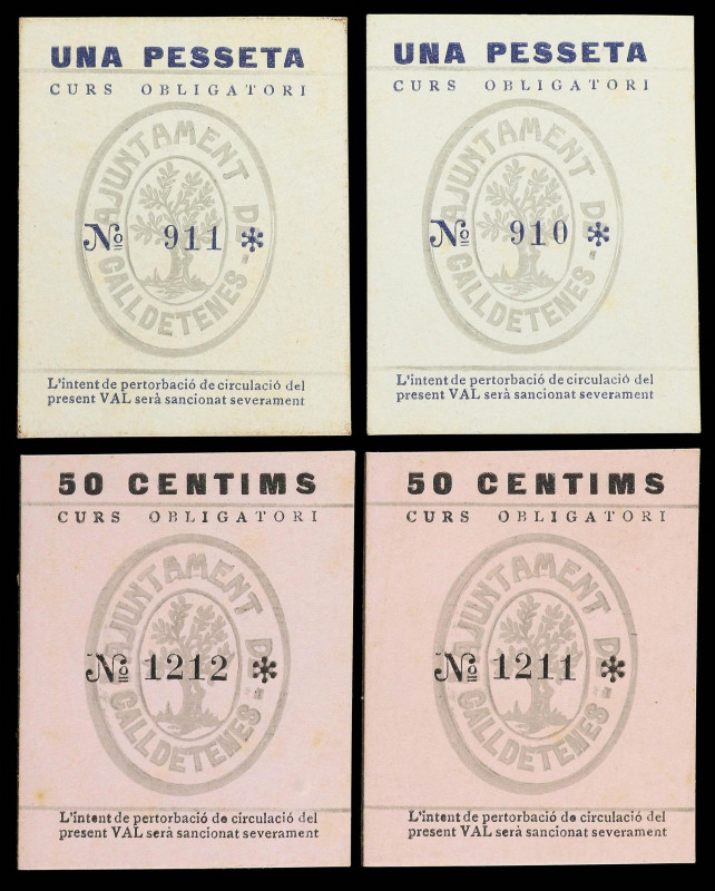 Lote 4 billetes 50 Cèntims (2) y 1 Pesseta (2). Aj. de CALDETENES. Series comple...