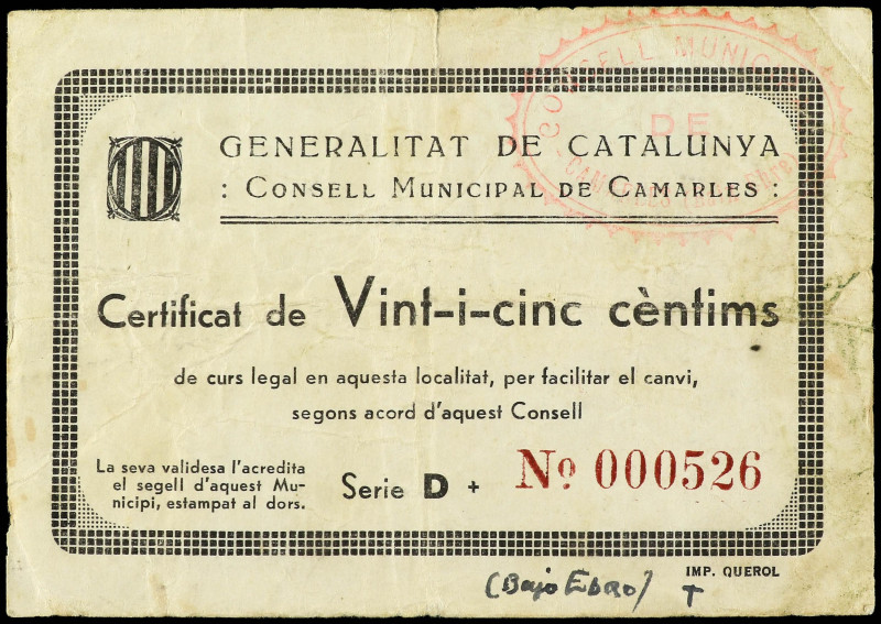 25 Cèntims. C. M. de CAMARLES. Texto manuscrito en margen inferior a tinta en an...