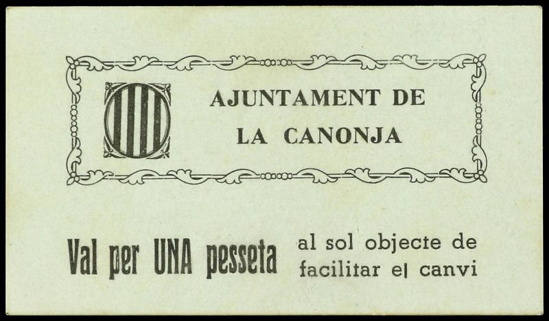 1 Pesseta. Aj. de LA CANONJA. Cartón. MUY ESCASO. AT-640; RGH-7349. EBC.