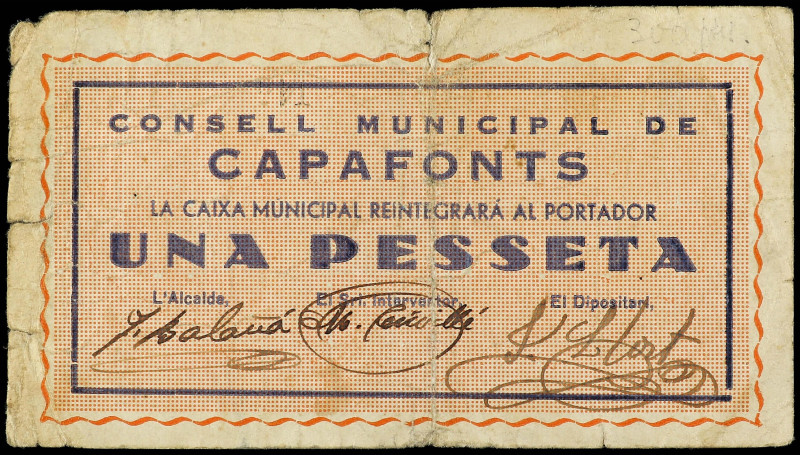 1 Pesseta. C.M. de CAPAFONTS. (Roturas). RARO. AT-647; RGH-7365. MBC-.