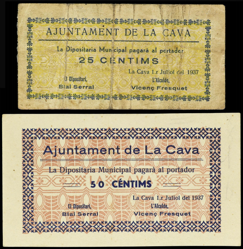 Lote 3 billetes 25 y 50 Cèntims y 1 Pesseta. Juliol 1937. Aj. de LA CAVA. ESCASO...