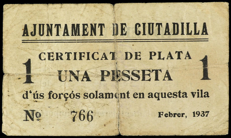 1 Pesseta. Aj. de CIUDADILLA. EXTRAORDINARIAMENTE RARO. AT-827; T-962, mismo eje...