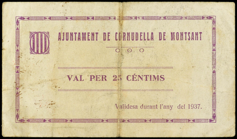 25 Cèntims. 1937. Aj. de CORNUDELLA DE MONTSANT. (Pequeñas roturas). MUY RARO. A...