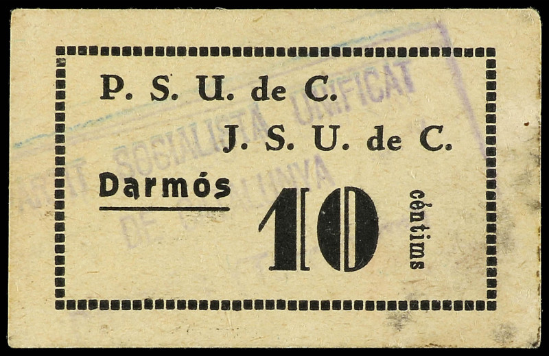 10 Cèntims. S/F. P.S.U. DE C. J.S.U. DE C. DARMÓS. Cartón. Con sello tampón de P...