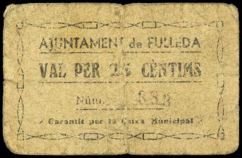 25 Cèntims. Aj. de FULLEDA. Cartón. RARO. AT-1074. BC.