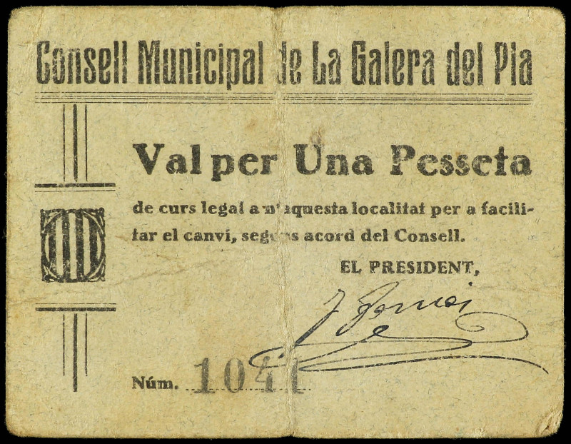 1 Pesseta. C.M. de LA GALERA DEL PLA. Cartón. (Leves roturas). MUY RARO. AT-1077...