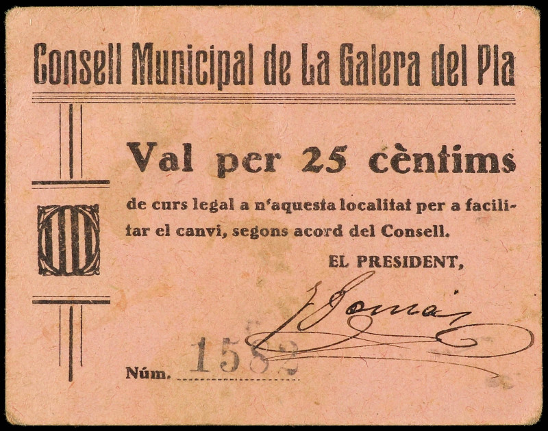 25 Cèntims. C.M. de LA GALERA DEL PLA. Cartón. (Manchitas). MUY RARO. AT-1079a; ...