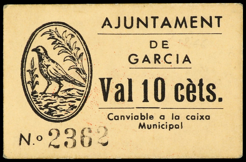 10 Cèntims. Aj. de GARCIA. Cartón. MUY RARO. AT-1090; RGH-7972. EBC-.