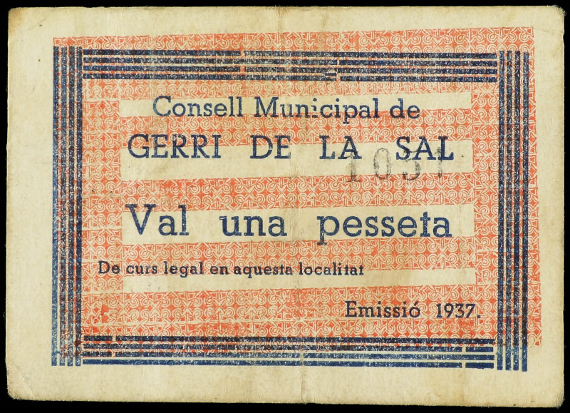 1 Pesseta. Emissió 1937. C.M. de GERRI DE LA SAL. Cartón. ESCASO. AT-1114. MBC+....