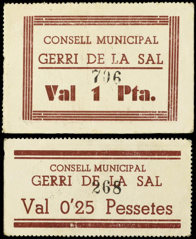 Lote 2 billetes 25 Cèntims y 1 Pesseta. C.M. GERRI DE LA SAL. RARO. AT-1115, 111...