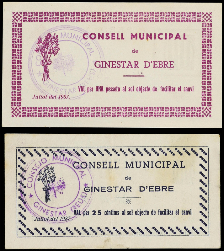 Lote 2 billetes 25 Cèntims y 1 Pesseta. Juliol 1937. C.M. de GINESTAR D´ EBRE. E...