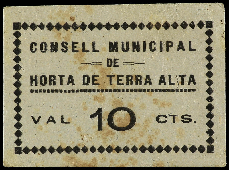 10 Cèntims. C.M. d´ HORTA DE TERRA ALTA. Cartón. (Manchitas). RARO. AT-1239; RGH...