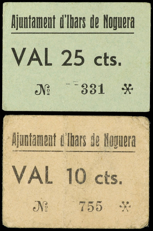 Lote 2 billetes 10 y 25 Cèntims. Aj. d´IBARS DE NOGUERA. Serie completa, número ...