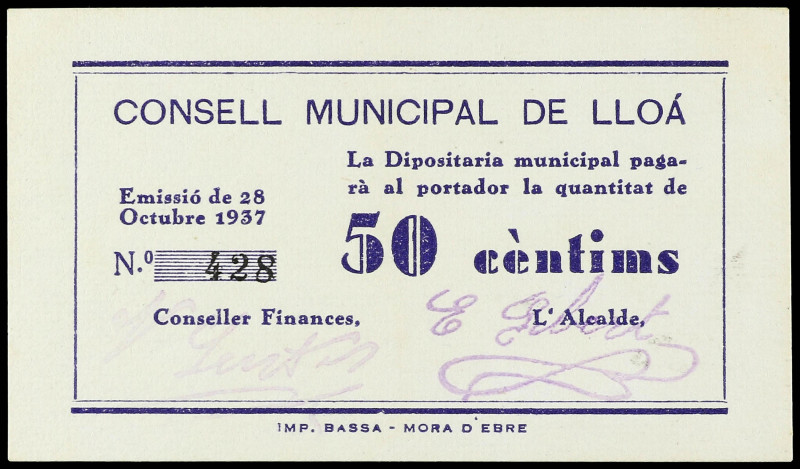 50 Cèntims. 28 Octubre 1937. C.M. de LLOÀ. RARO. AT-1361a; RGH-8419. SC-.