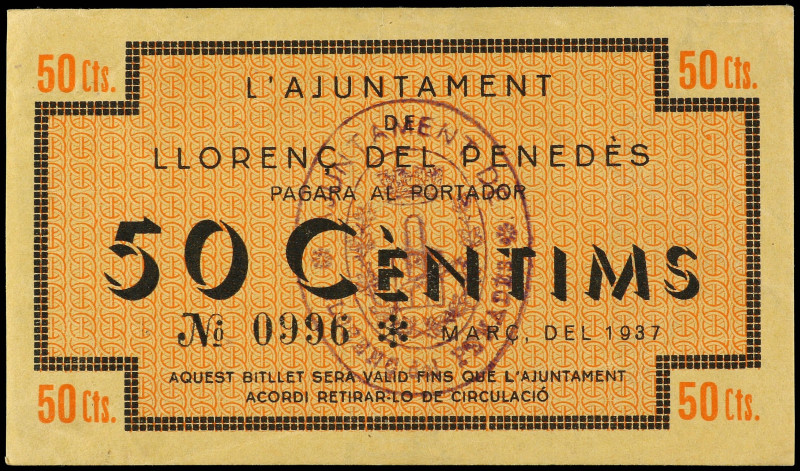 50 Cèntims. Març 1937. Aj. de LLORENÇ DEL PENEDÈS. MUY ESCASO. AT-1369; RGH-8427...