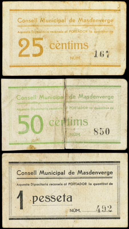 Lote 3 billetes 25 y 50 Cèntims y 1 Pesseta. C.M. de MASDENVERGE. Cartulina. (El...