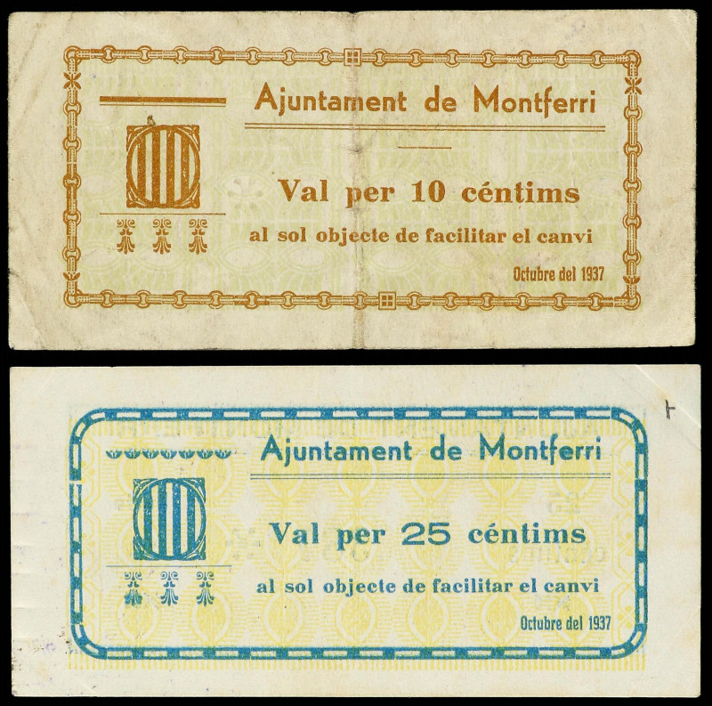 Serie 4 billetes 10, 25 y 50 Cèntims y 1 Pesseta. Octubre 1937. Aj. de MONTFERRI...