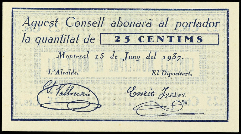 Serie 3 billetes 25 y 50 Cèntims y 1 Pesseta. 15 Juny 1937. C.M. de MONT-RAL. To...