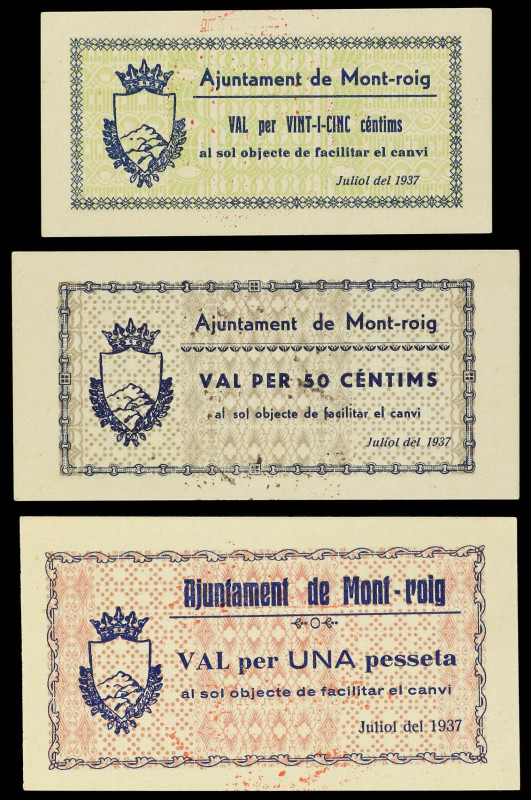 Lote 3 billetes 25 y 50 Cèntims y 1 Pesseta. Julio 1937. Aj. de MONTROIG. 3ª Emi...