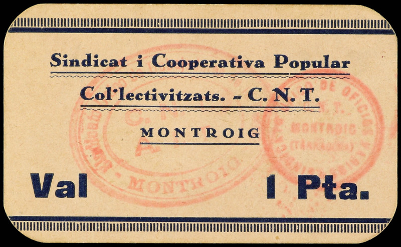 1 Pesseta. SINDICAT I COOPERATIVA POPULAR COL·LECTIVITZATS. C.N.T. MONTROIG. Car...