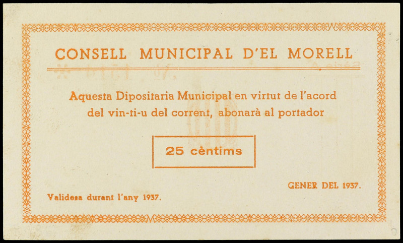 25 Cèntims. Gener 1937. C.M. d´ EL MORELL. Sin sello tampón. MUY RARO. AT-1621b;...