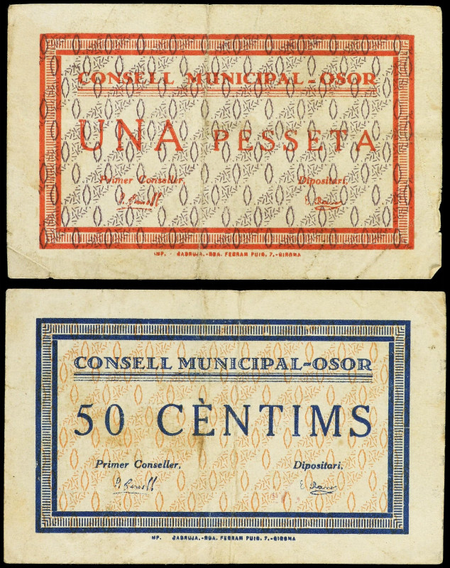 Lote 2 billetes 50 Cèntims y 1 Pesseta. C.M. d´ OSOR. ESCASOS. AT-1731, 1732. MB...