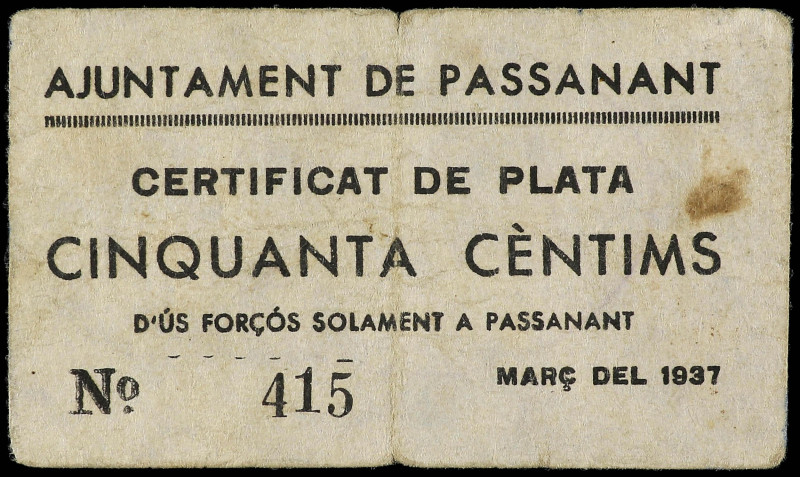 50 Cèntims. Març 1937. Aj. de PASSANANT. Sin sello tampón. (Leves roturas y manc...