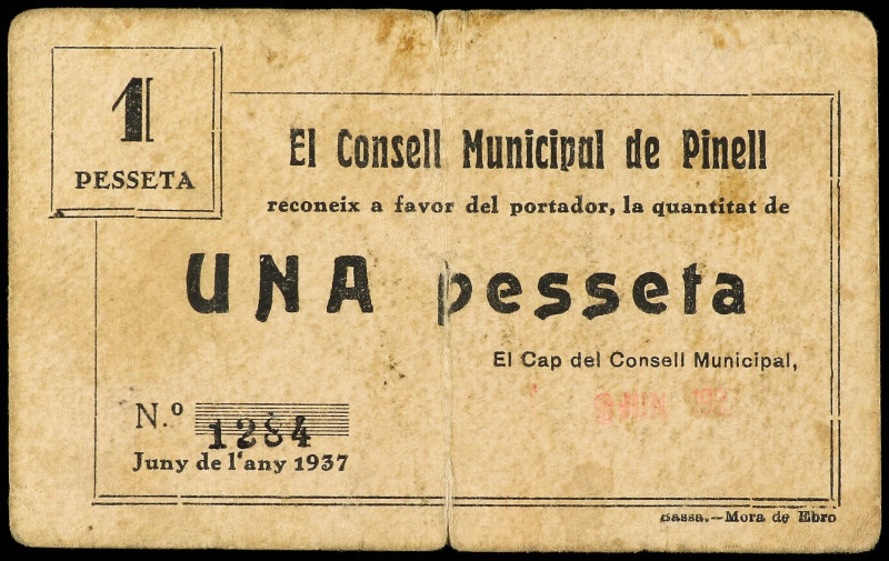 1 Pesseta. Juny 1937. C.M. de PINELL. Cartón. (Roturas). MUY RARO. AT-1833; RGH-...